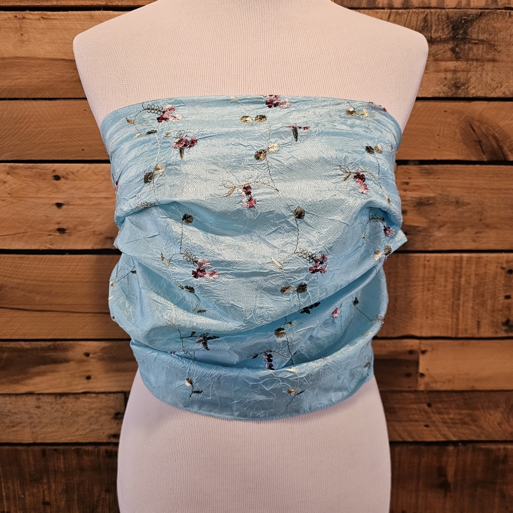 Aqua Blue Scarf/Wrap/Shawl w/ Embroidered Pink Flowers & Green Leaves 62" Long - Picture 3 of 13